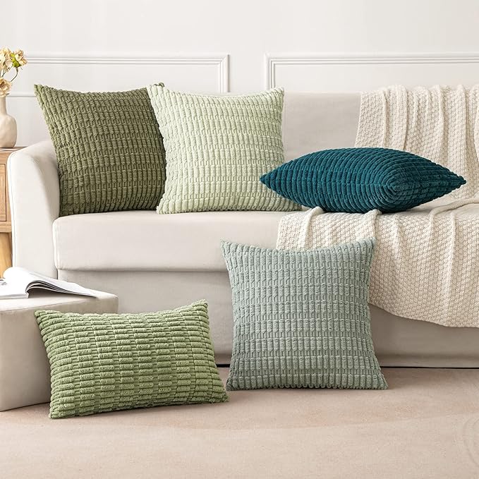 MIULEE Pack of 2 Spring Corduroy Decorative Throw Pillow Covers 16x16 Inch Soft Boho Striped Pillow Covers Modern Farmhouse Home Decor for Summer Sofa Living Room Couch Bed Olive Green