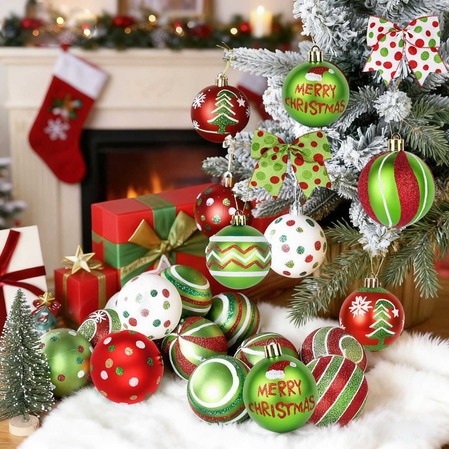 46 Pcs Christmas Ball Ornaments for Tree, Glittering Red and Green Hanging Christmas Tree Ornaments Set, Plastic Shatterproof Xmas Balls and Polka Dot Ribbon Bows for Holiday Home Indoor Decorations