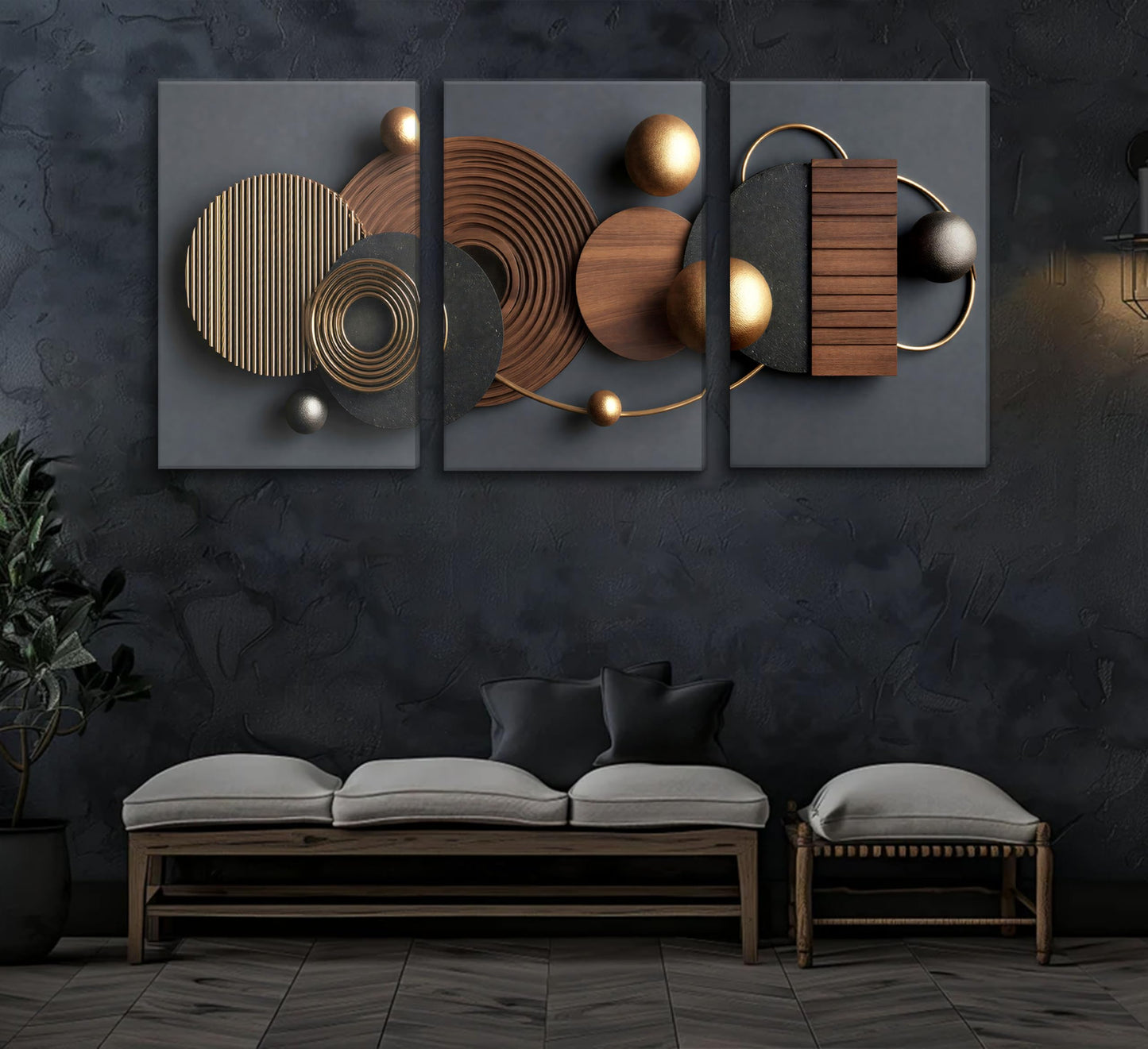 3D Textured 3Pcs Abstract Black Gold Geometric Boho Canvas Wall Art Mid Century Modern Minimalist Aesthetic Luxury Metal Artwork Pictures Wall Decor Posters Prints for Living room Office Home Decoration