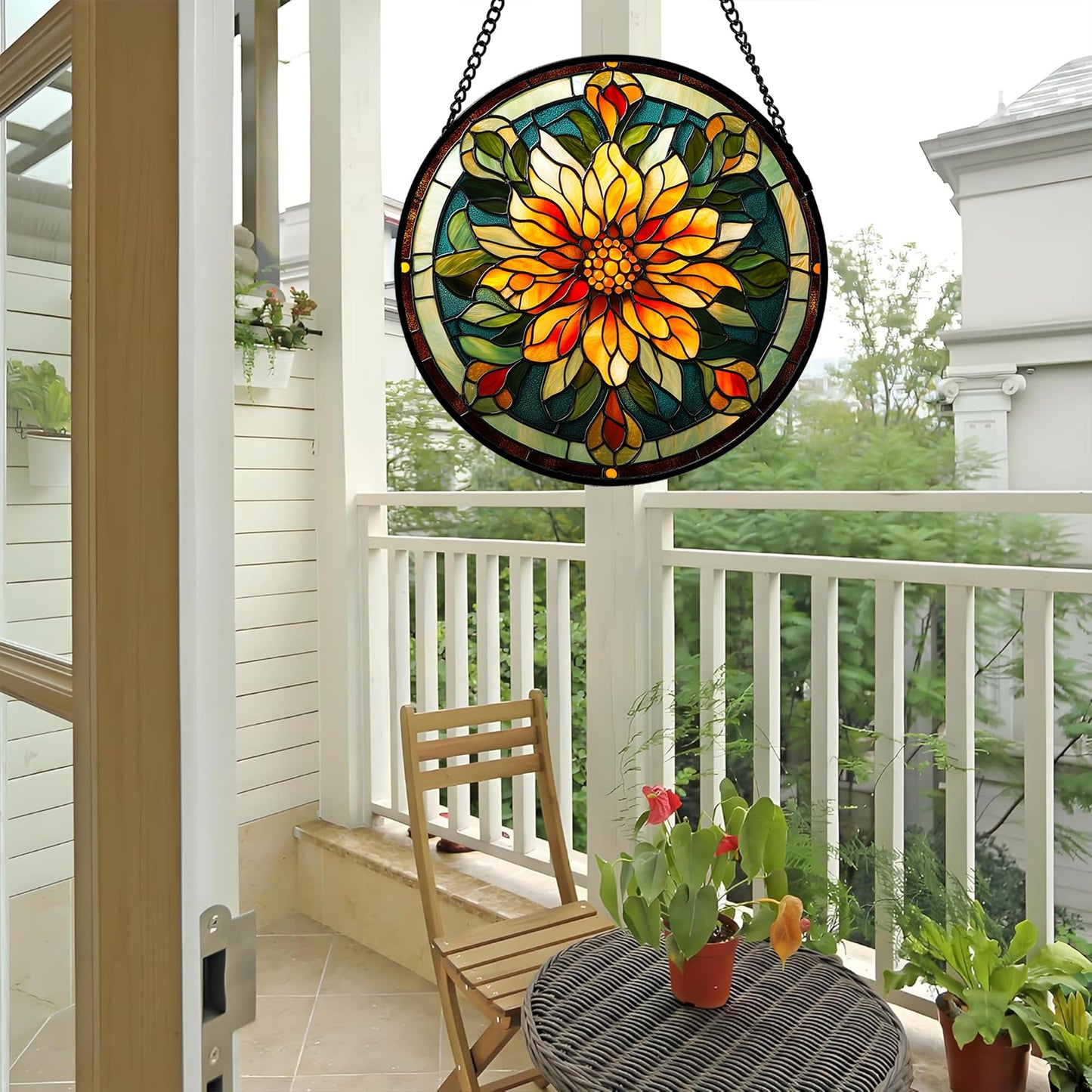 JOSUMALY Stained Glass Window Hanging - Retro Yellow Flower Suncatcher for Door Garden Home Decor Dahlia Sun Catcher Christmas Birthday for Lovers Friend Women Mom Nana 6.3 in