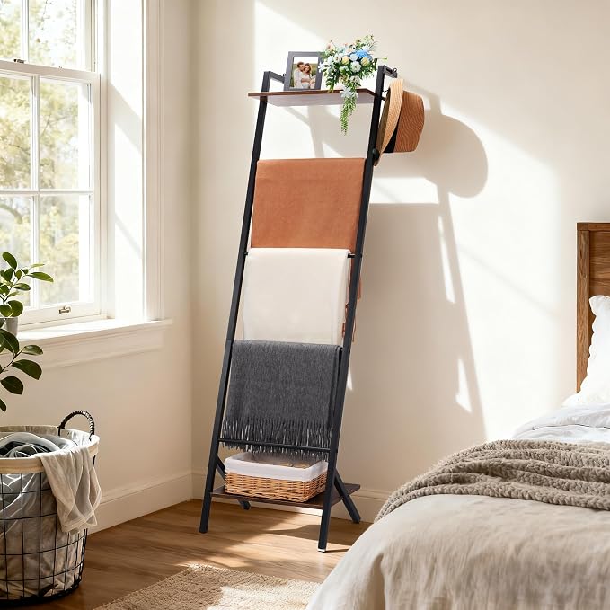 5 Tier Blanket Ladder with Shelf and Hooks, 4.8ft Metal Ladder Shelf Blanket Holder Storage Rack for Living Room, Free Standing Blanket Rack for Storage and Home Decor