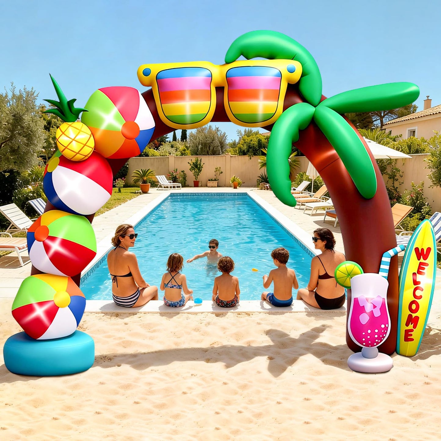 Kalolary 10FT Tall Summer Inflatable Outdoor Decorations, Beach Ball Archway Blow Up Inflatable Arch with Build-in Lights for Beach Party Pool Party Yard Garden Summer Decors