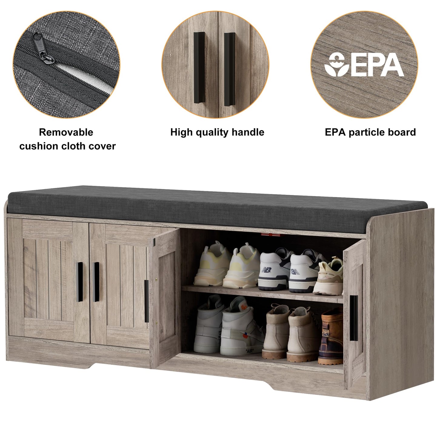 Homleke 2-Tier Storage Bench, Shoe Bench with Thickened Padded Seat Cushion, Entryway Bench with 4 Doors, Adjustable Shelf, 13.8" D x 45.3" W x 18.5" H, for Entryway, Living Room, Bedroom, Greige