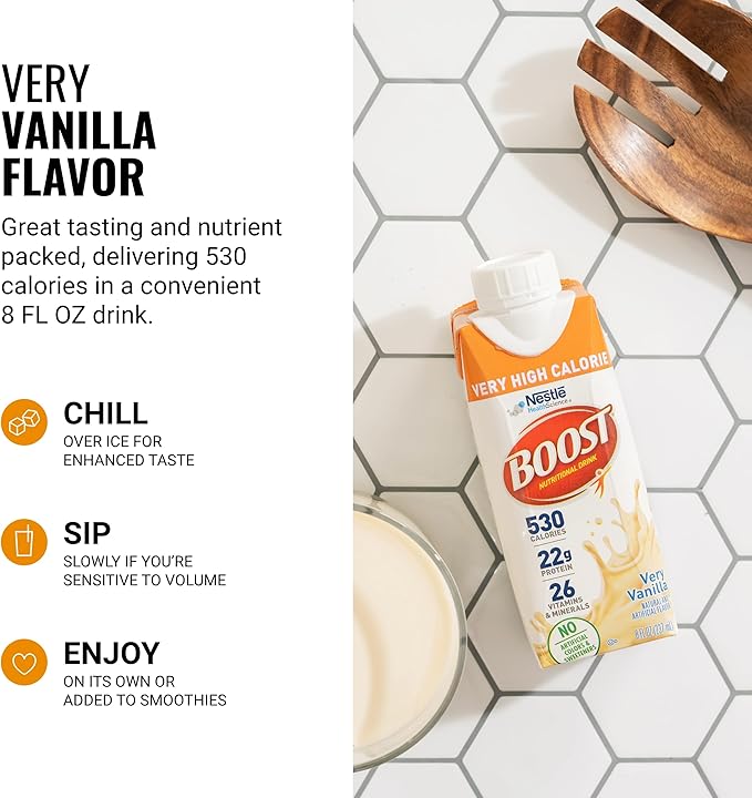 Boost Very High Calorie Vanilla Nutritional Drink ??22g Protein, 530 Nutrient Rich Calories, 8 Fl Oz (Pack of 24)