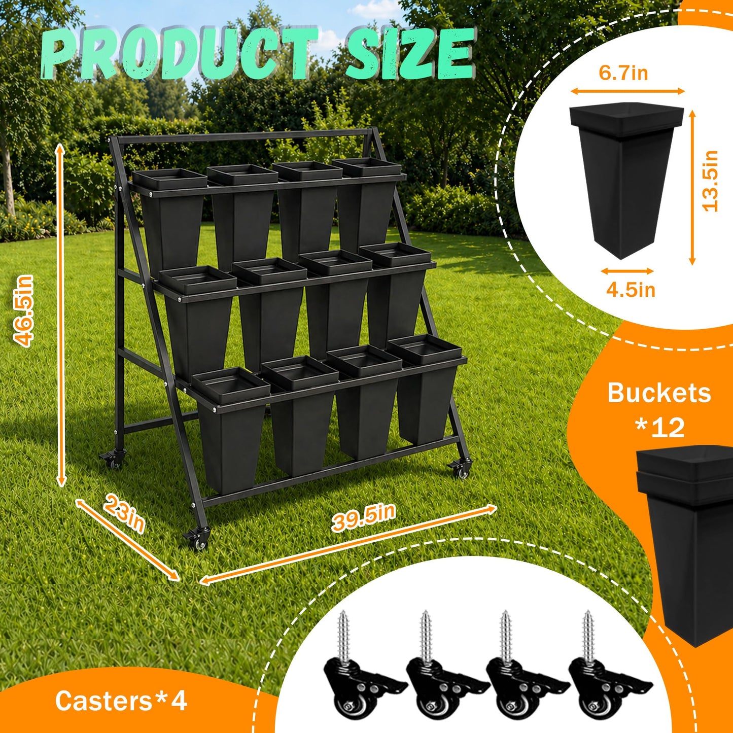 PROLEE Flower Stand with 12 Buckets, Flower Display Stand with Wheels, Flower Cart, Moving Florist Bouquet Shelf, Triangular, Black