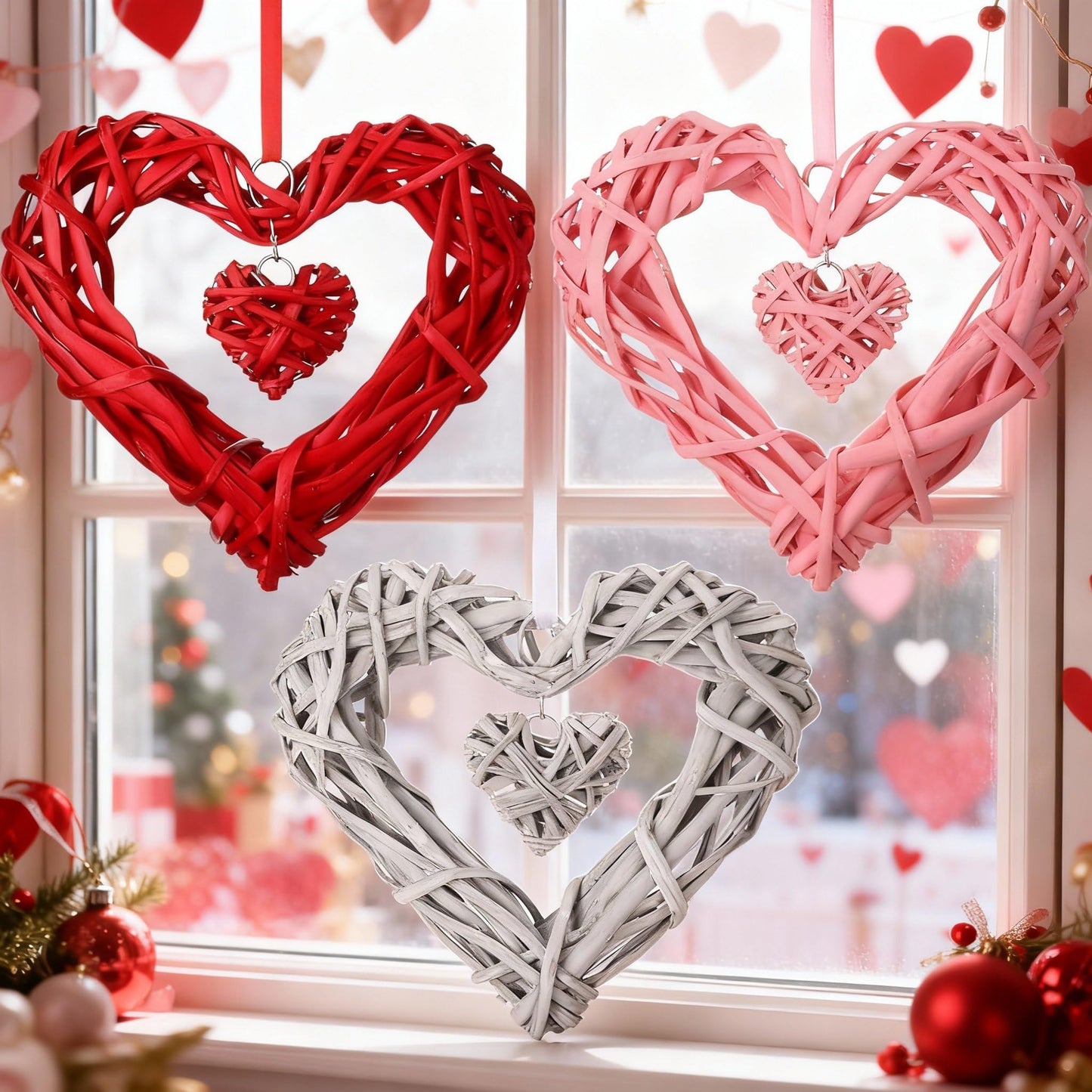 Amyhill 3 Pcs Large Valentine's Day Rattan Hearts Themed Hanging Decor Heart Shape Wicker Wreath Rustic White Pink Red Ornament for Weddings Holiday Party Home Decoration Wall Front Door Display