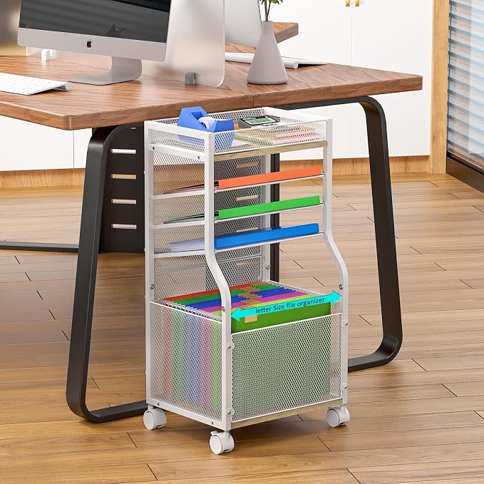 5-Tier Rolling File Cart with Lockable Wheels, Mobile Desk File Organizer Hanging File Folders Paper Letter Sliding Trays, White Wood & Mesh Hanging Folder Drawer Organization for Office, Home, School