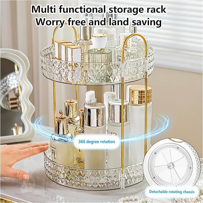 360° Rotating Acrylic Storage Rack, 2-Tier Large Capacity Makeup Organizer for Bathroom Countertop & Vanity, Clear Cosmetic Holder for Skincare, Perfume & Beauty Essentials
