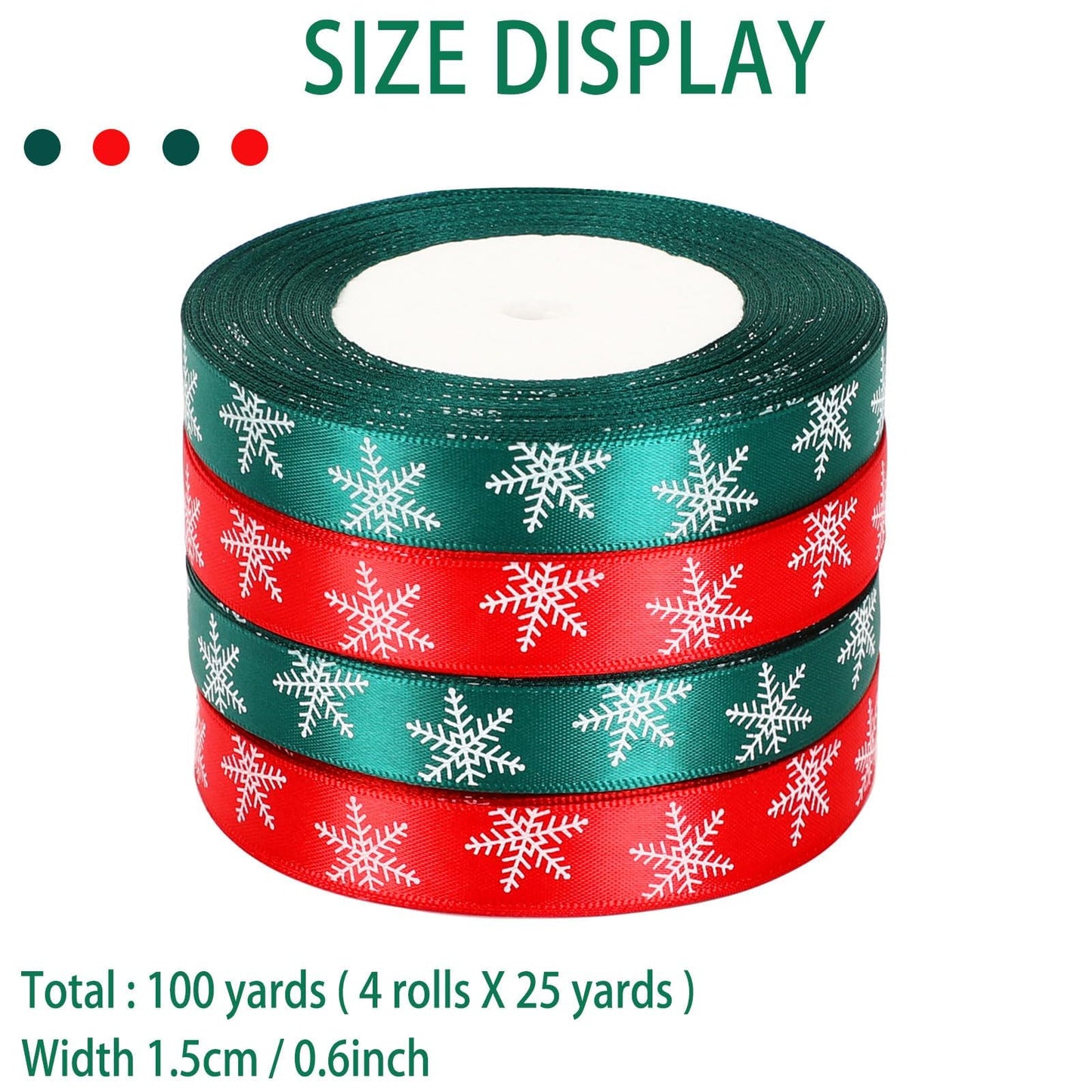 Christmas Ribbons, DECYOOL 4 Rolls 100 Yards Christmas Snowflake Ribbons for Gift Wrapping, 15mm Wide Red and Green Satin Ribbon for Festival Holiday Party Decorations DIY Crafts