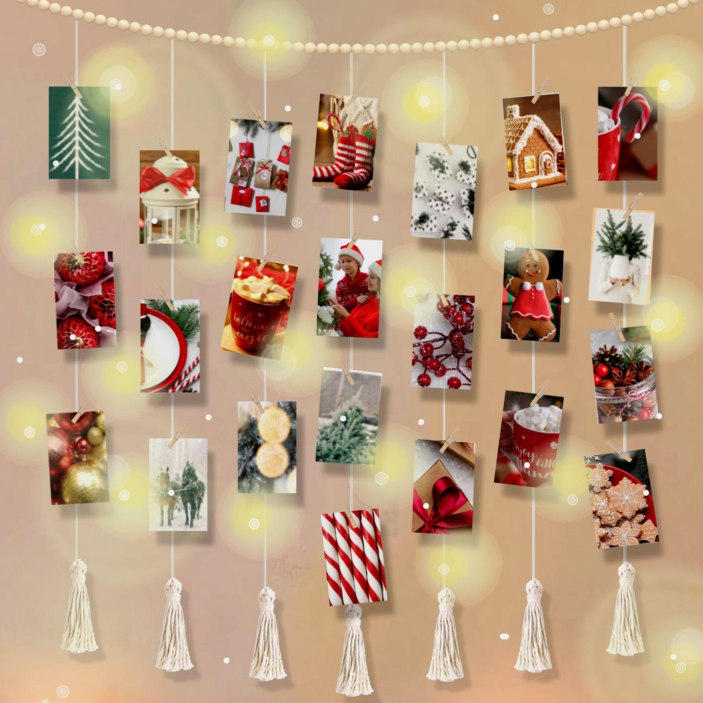 Hanging Photo Display with Clips Wall Boho Decor Beads Garland with Led Lights - Sculptural Picture Frames Collage - 30 Clothespins - 2 Non-Trace Hook - Photo Clip String Lights - 45 x 45 inch
