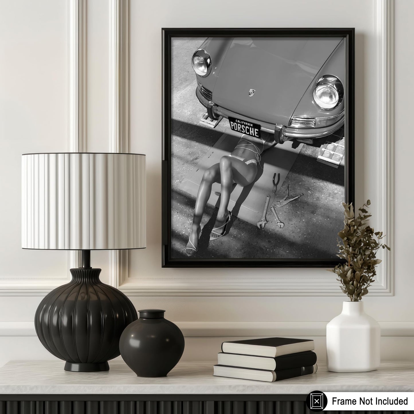 Poster Master Woman Classic Car Poster - Sexy Mechanic Print - Girly Car Enthusiast Art - Black and White Photography - Great Garage or Bedroom Decor - 8x10 UNFRAMED Wall Decor