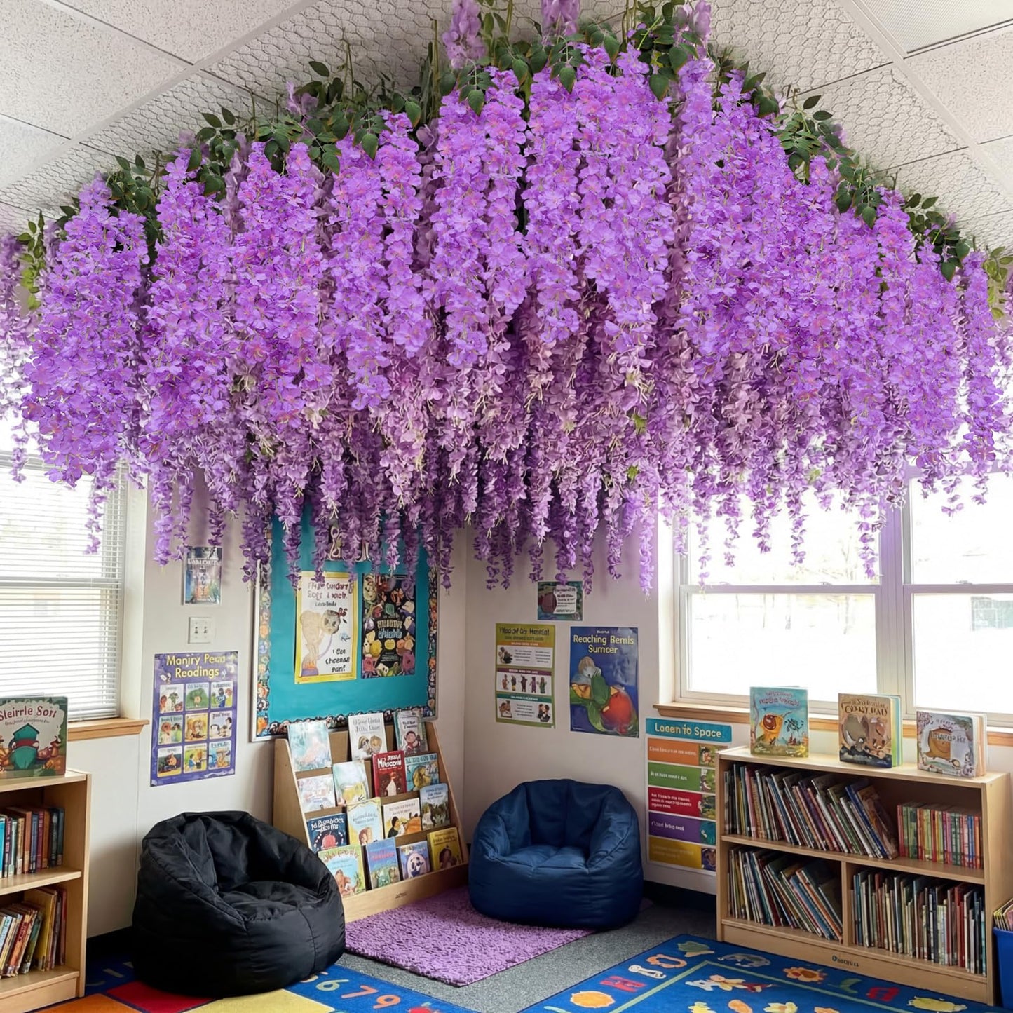 Giegxin Purple 26 Pcs 3D Wisteria Tree for Classroom Room Ceiling Wall Decor Bulletin Board Large Wisteria Garland with 5 Metal Mesh Panel Artificial Fake Hanging Flower Wedding Bedroom Backdrop
