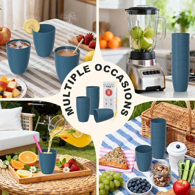Wheat Straw Cups, Unbreakable Reusable Plastic Cup Set of 6, Lightweight Dishwasher Safe Kids Drinking Cups 12 OZ for Everyday Use, Kitchen, RV, Camping, Blue