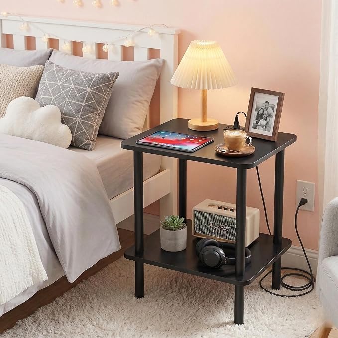 FORAOFUR End Table with Charge Station, Black Small Side Table with USB Ports and Outlets, Narrow Side Table for Living Room, Bedroom and Office, Small Nightstand with Charging Station
