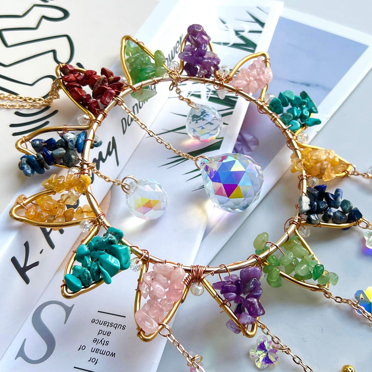 7 Chakra Crystal Sun Catcher Hanging Decor, Rainbow Maker with 3 K9 Crystal Prism Balls & Natural Crystal Stone, Wall and Window Decor Ornament for Home, Bedroom, Balcony, Handmade Gift.