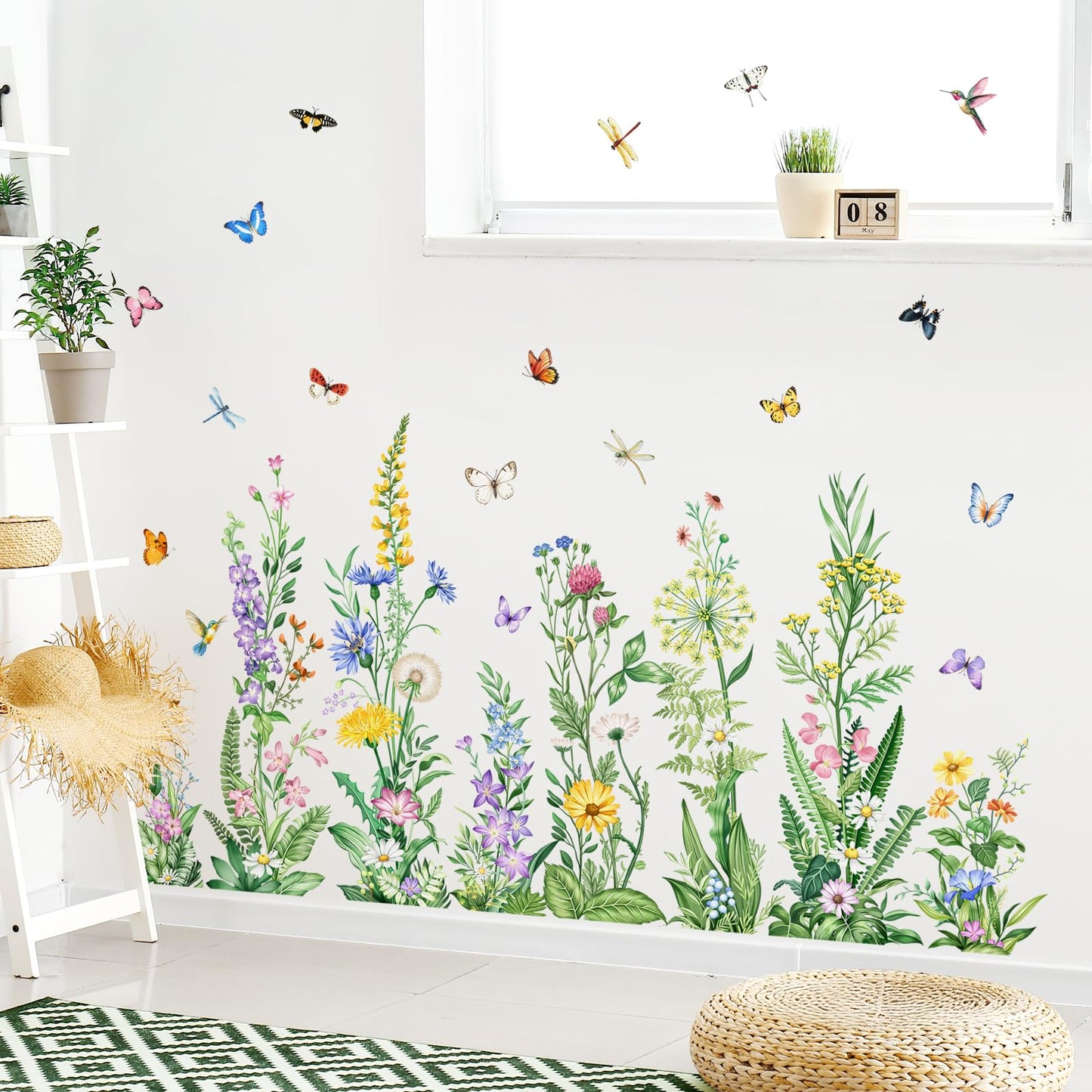 Tanlaby Wildflower Wall Decals Spring Summer Flower Floral Grass Wall Decals with Butterfly Green Plant Stickers Peel and Stick Wall Art Decor for Living Room Kitchen Bedroom