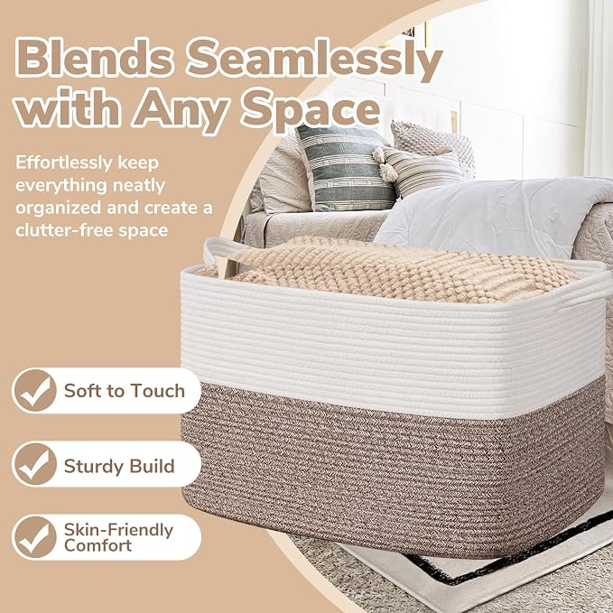 Goodpick 105L Extra Large Blanket Basket 25" x 16" x 16" Cotton Rope Storage Baskets for Organizing, Baby Laundry Basket with Handles, Rectangle Woven Baskets for Storage, Brown
