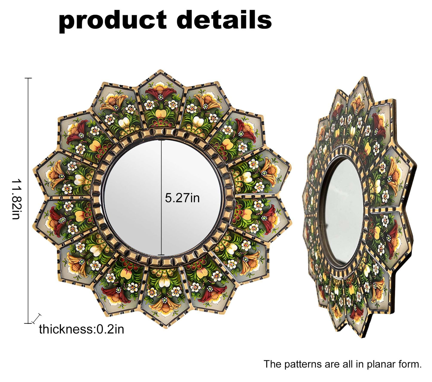 WTVLAX Sunburst Mirror Design Featuring Moroccan Style,2D Pattern 11.8inch Home Decorative Mirror for Living Room Bedroom Entryway The Pattern is Printed (Flower+Sunburst)