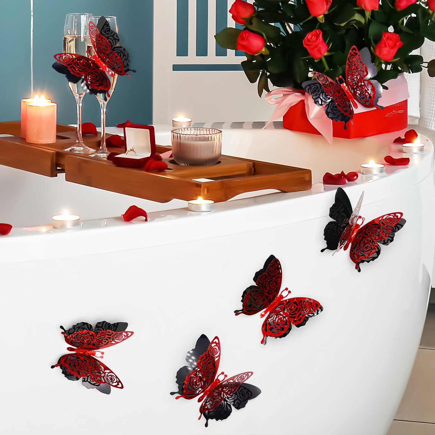 3D Red Butterfly Wall Stickers 6pcs Removable Valentine's Red Rose Butterfly Stickers Wall Decal Butterfly Wall Decals for Home and Room Decoration Wedding Bedroom Decor Living Room Sticker