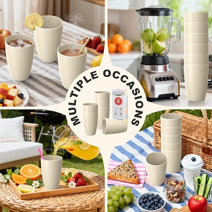 Wheat Straw Unbreakable Cups, Large Cups 20 OZ Set of 6, Alternative to Plastic Cups Reusable, Dishwasher Safe Tumblers & Water Glasses for Kitchen, Parties, Camping, RV, Beige
