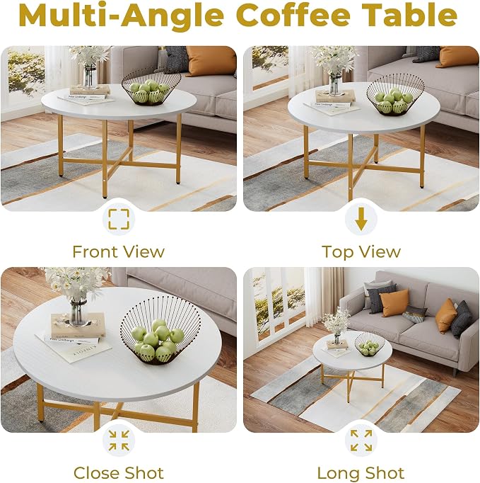 FAMIDGE Coffee Table, 23.6" Coffee Tables for Living Room, Round Coffee Table with Metal Frame, Floor Table for Sitting on The Floor, Home, Office, White & Gold Legs