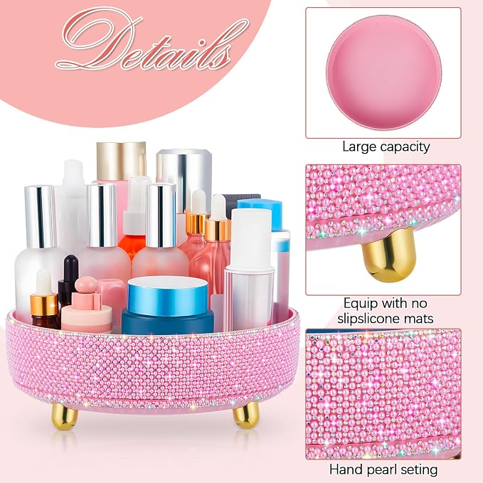 Honeydak 360 Rotating Perfume Organizer Gift for Women, Rhinestone Preppy Skincare Organizer Bathroom Counter Makeup Holder Skincare and Perfume Storage for Cosmetic(1 Tier,Pearl,Pink)
