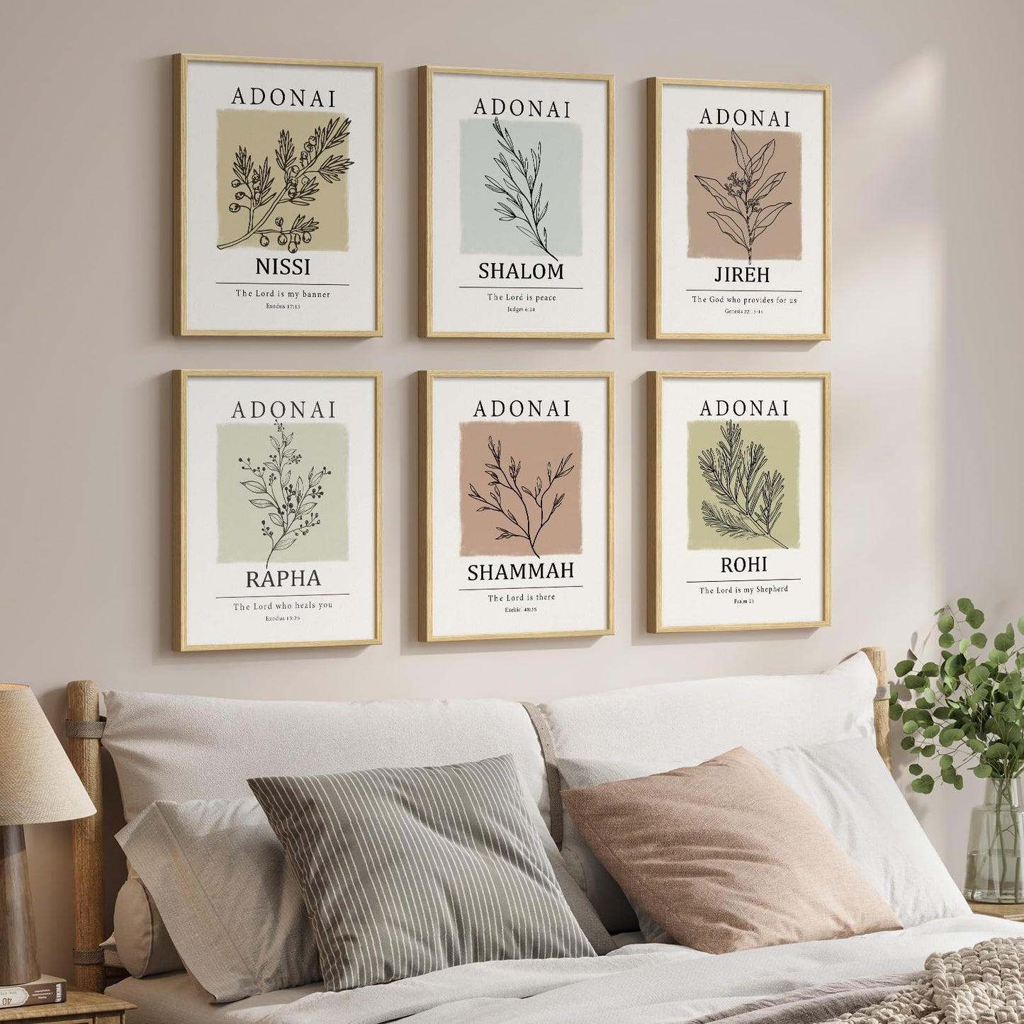 Framed Christian Scripture Wall Art, Set of 6 Minimalist Bible Verse Prints, Names of God Faith Based Neutral Boho Botanical Leaf Artwork for Bedroom Living Room Office Hallway Home Decor, 11x14 Inch