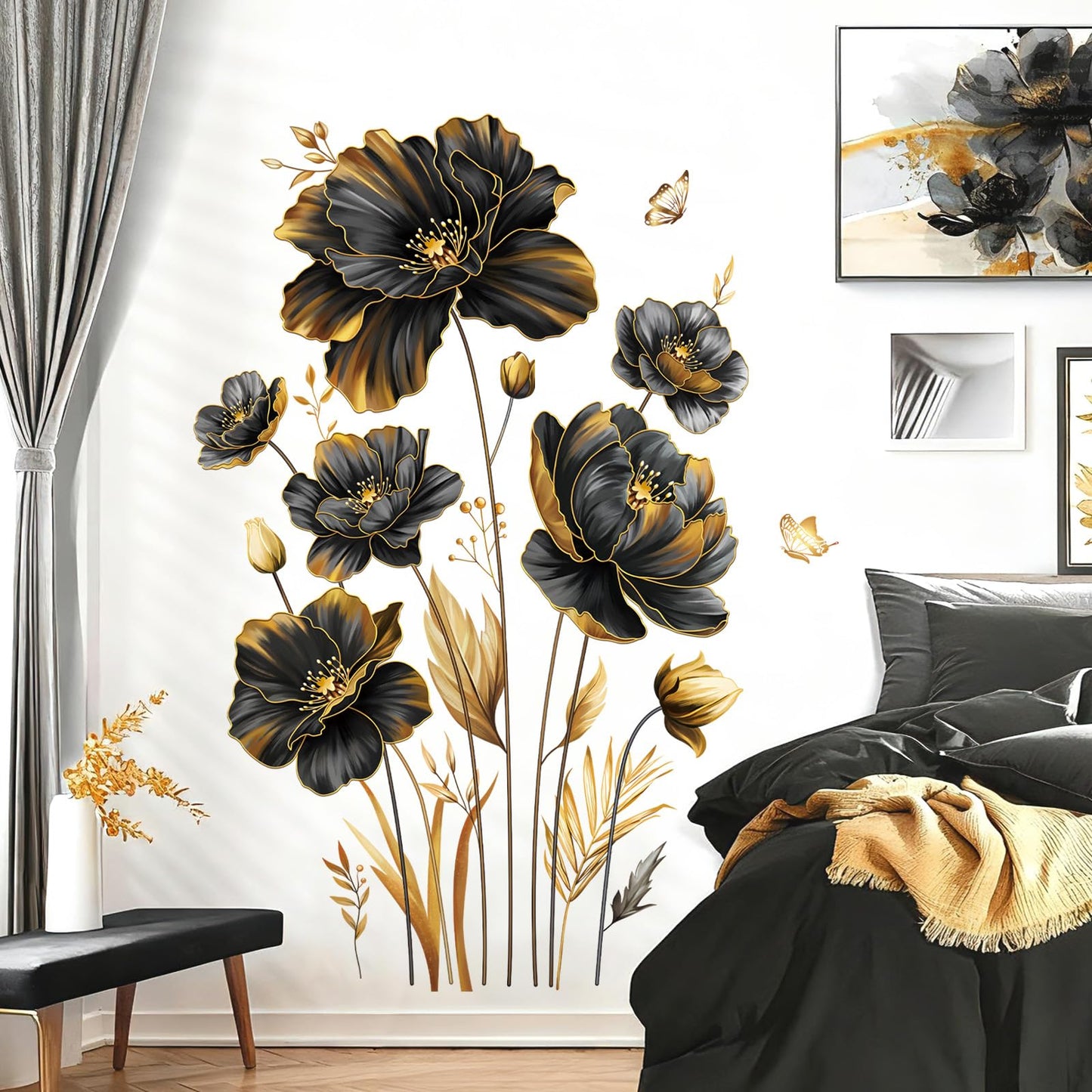 decalmile Large Black Gold Flower Wall Stickers Floral Gold Leaves Plants Butterfly Wall Decals Bedroom Living Room Sofa TV Background Home Decor