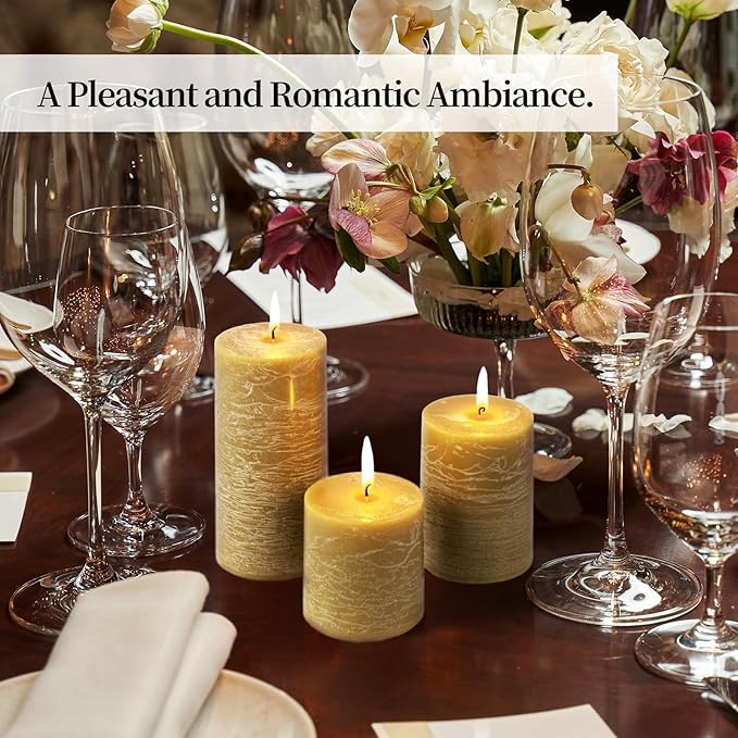 KONNI Wax Yellow Pillar Candles Set of 3, 3"x 4" Unscented Pillar Candles Bulk, 39 Hours Long Burning Candles, Smokeless&Dripless Large Round Candle for Wedding, Home Decoration, Parties, Spas, Dinner