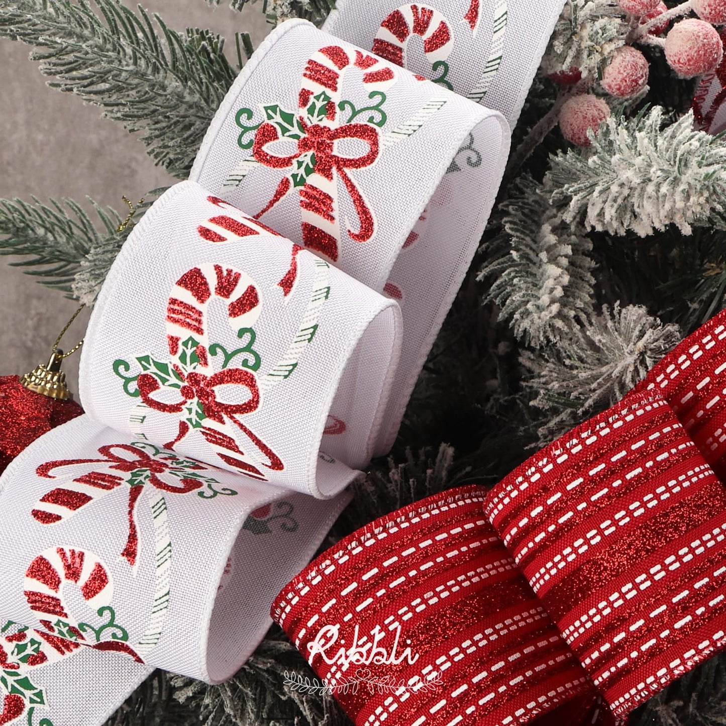 Ribbli Christmas Ribbon Wired Red White Christmas Tree Ribbon Candy Cane Glitter Burlap Ribbons for Topper Bow Crafts Gift Wrapping Wreaths Garland Home Decor -2.5 Inch x 6 Rolls Total 30 Yard