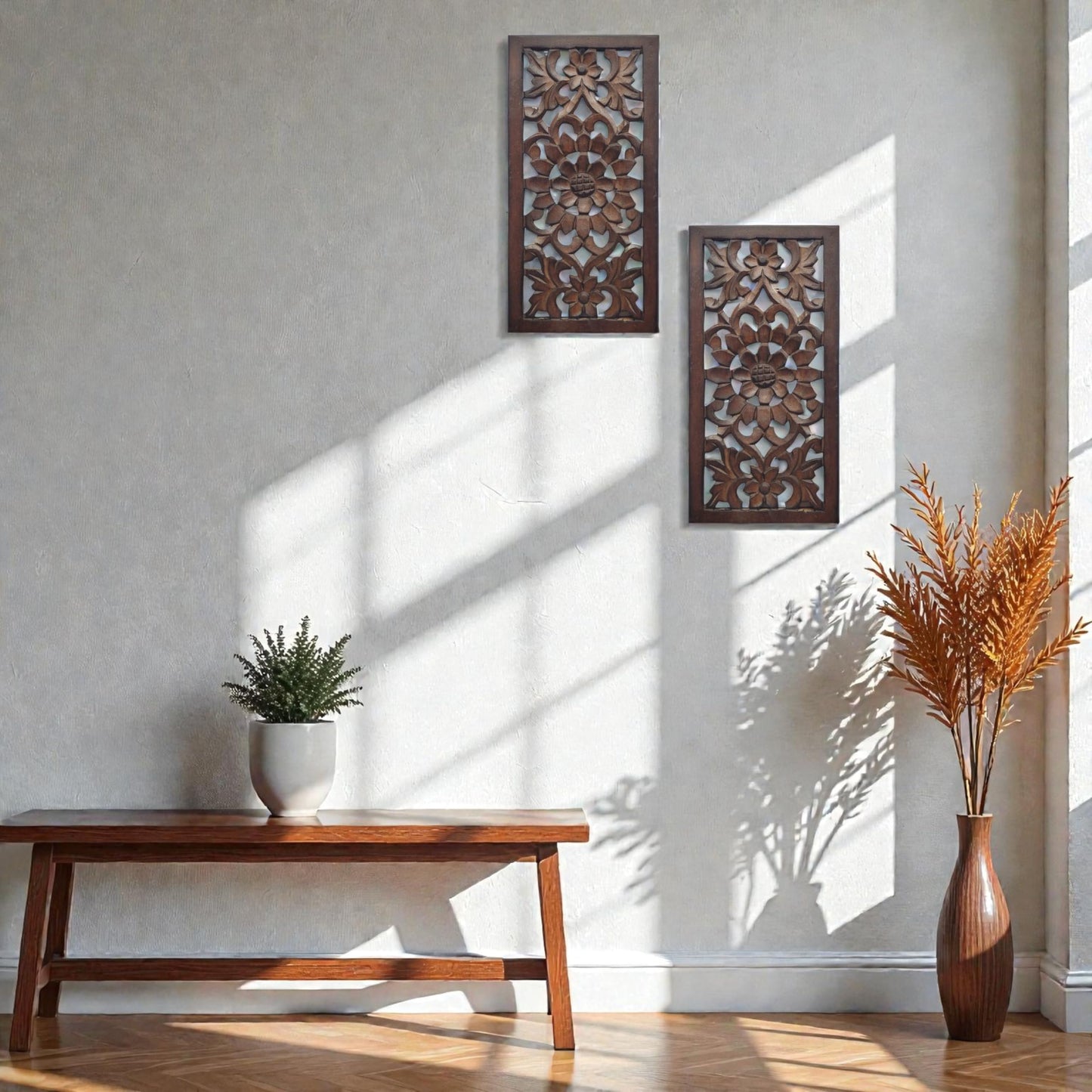 Wood Wall Art -Wall Panels in Handcrafted Carved Wood For Livingroom Bedroom,Dining room,Elegant Decorative Wall Art for Home & Office 8x16" Set of 2 Burnt Brown_ Flowers Designs