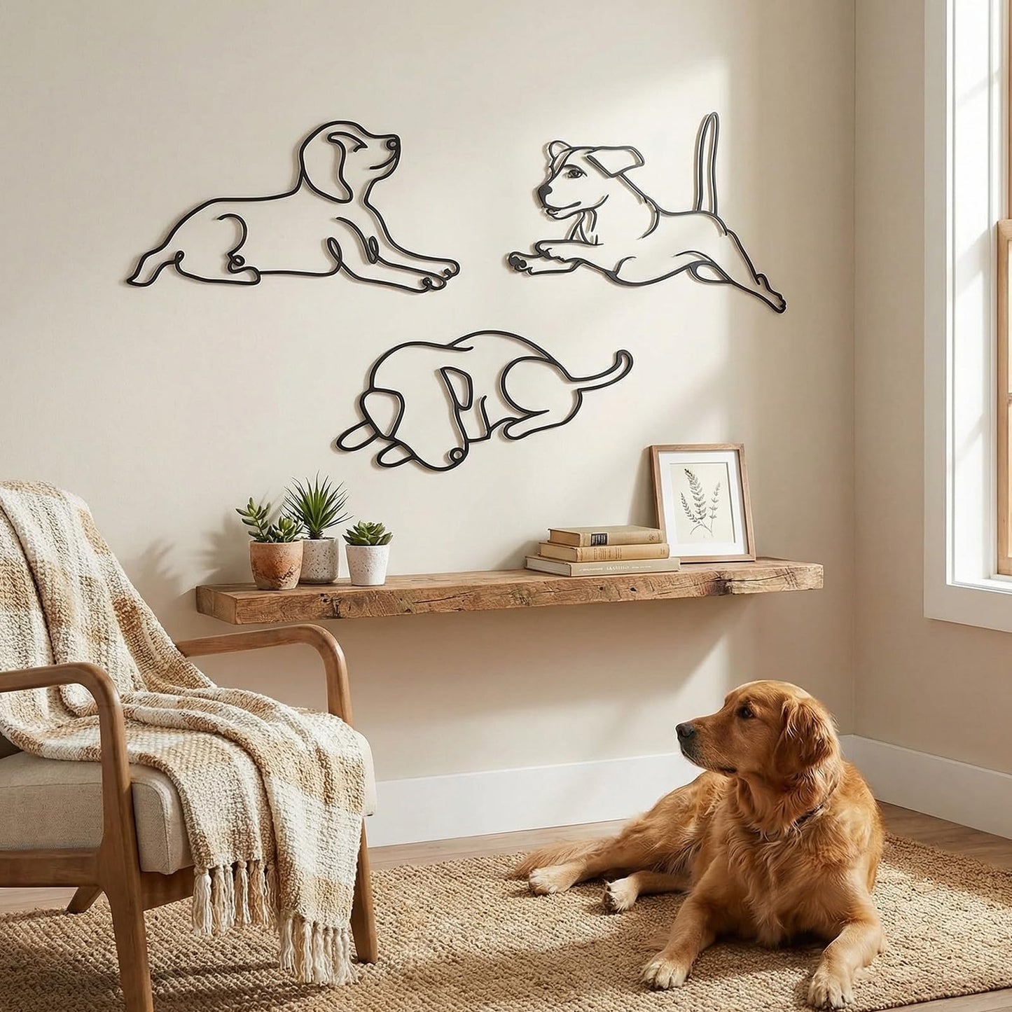 BrightRow 3 Pcs Dog Wall Art Minimalist Abstract Pet Line Drawing Decor Black Metal Modern Pet Sculptures Dog Lover Gifts for Living Room Bedroom Kitchen Wall Decorations(Puppy B)