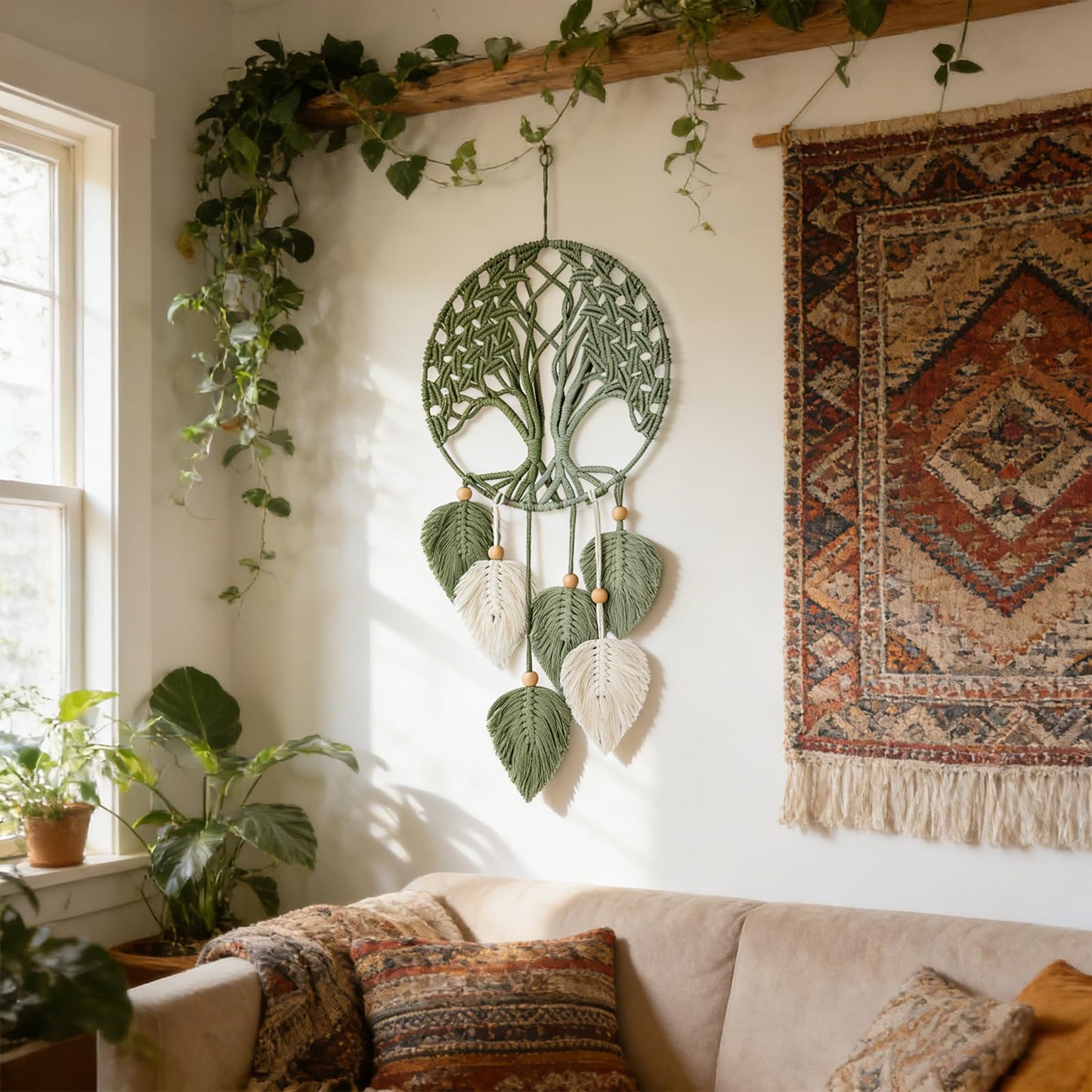 GYHPD Finished Macrame Green Leaves Tree Of Life, No Weaving Required, Boho Wall Decor, Handmade Home Decor, New Home Gift, Unique Decor Art, Handmade Enthusiast Gift for Home Living Room Bedroom