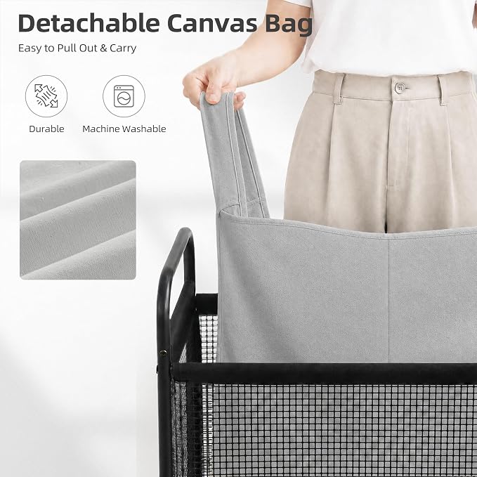STORAGE MANIAC Rolling Laundry Hamper with Wheels 2-Section Laundry Sorter Rolling Laundrys Basket on Wheels with Removable Bag Clothes Hamper Laundrys Organizer Cart Bathroom Bedroom 100L Grey