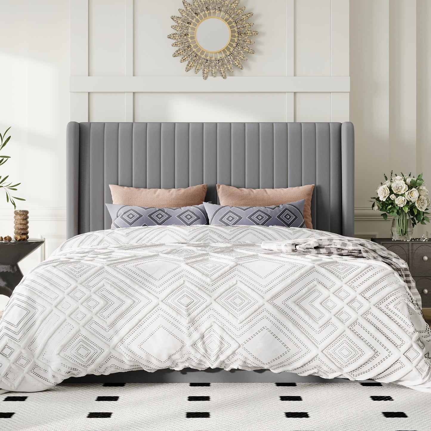 Allewie Queen Size Lift Up Storage Bed Frame, Hydraulic Support System, Upholstered Platform Bed Frame, Underneath Storage, Vertical Channel Tufted Headboard with Wingback, No Box Spring Needed, Grey
