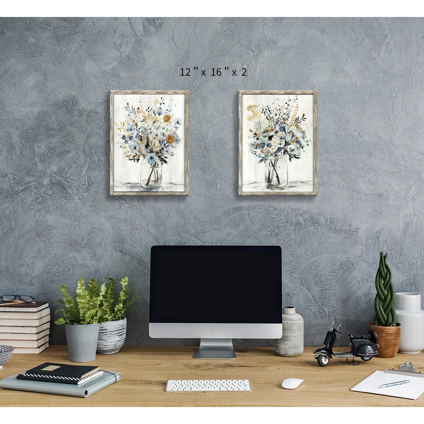 Floral Picture Wall Art Painting: Blossom Bouquet Flowers Prints on Rustic Wood and Handcrafted Wooden Framed Artwork for Home and Bedroom (12” x 16” x 2pcs)