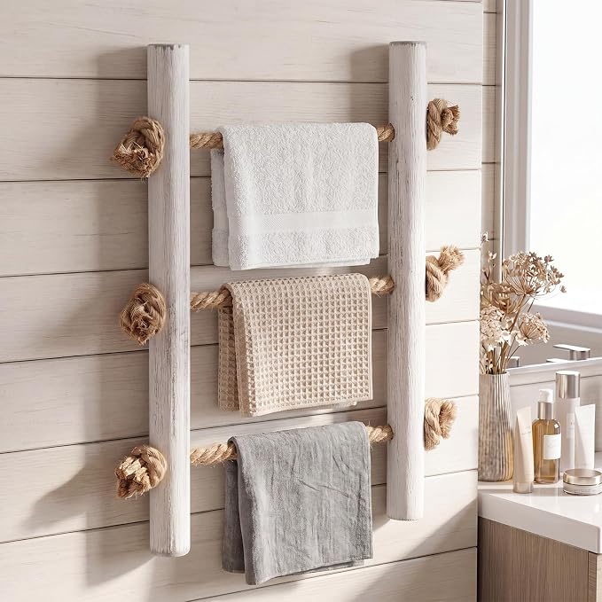 Junkin Ladder Rustic Hand Towel Holder Whitewashed Solid Wood and Rope Farmhouse Bathroom Decor Small Blanket Ladder Wall Mounted Towel Rack for Home Bathroom Decor