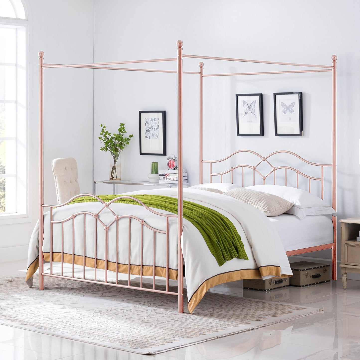 Christopher Knight Home Eileen Metal Canopy Bed Frame Queen Size with Headboard/Footboard, 4 Poster Platform Queen Bed Frame with Classic Knob Posts, Iron Slat Support, No Box Spring Needed, Pink