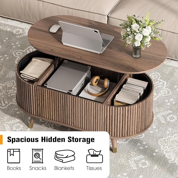 JOINICE 42.5" Oval Lift Top Coffee Table with Storage, Mid Century Modern Walnut Center Table with Fluted Design, Solid Wood Legs & Hidden Compartment, Pop Up Coffee Table for Living Room
