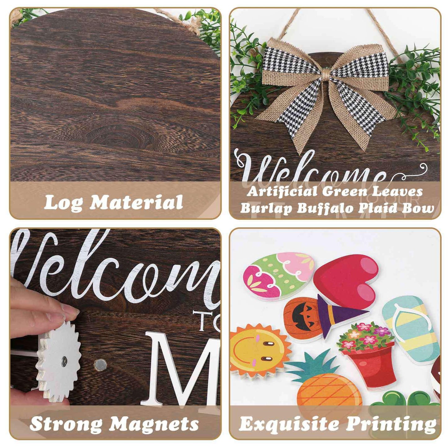 Yonuni Interchangeable Welcome to Our Home Sign, Equipped with 16 Replaceable Icons, Farmhouse Front Door Signs Wooden Wreath Suitable for All Seasons Holiday Halloween Christmas (12x12 Inch)