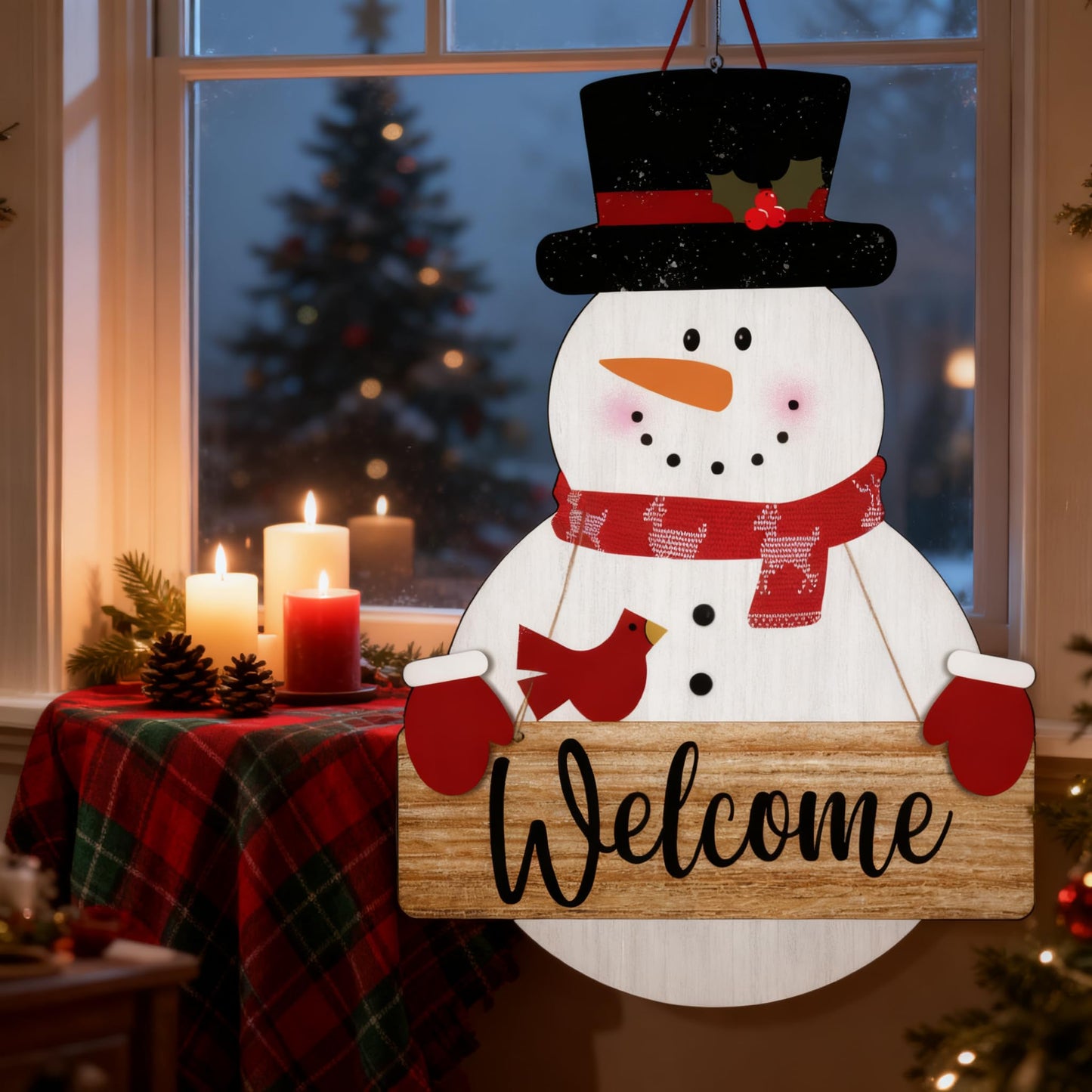 Snowman Merry Christmas Welcome Sign - Snowman Christmas Door Hanger - Hello Winter Snowflake Round Wooden Decor for Tree, Front Door, Porch, Wall, Party Hanging Decorations, 10X10 Inches -B09