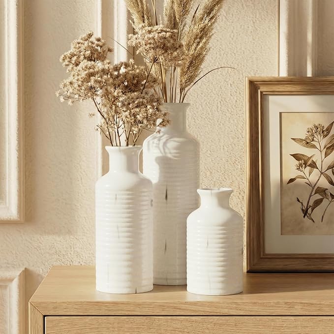 Firehold Ceramic Vase Set of 3, Flower Vases for Home Decor, Neutral Rustic Modern Farmhouse Vase, Decorative Centerpieces for Table Bookshelf Mantel Kitchen Living Room Office