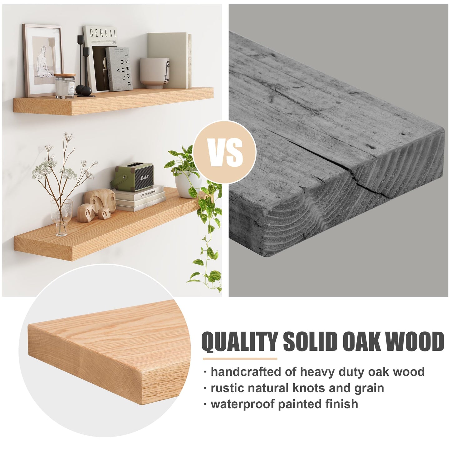 Floating Shelves for Wall, USA-Sourced Oak Wood 48 Inch Long Wall Shelves, Natural Wooden Wall Mounted Picture Ledge Shelf, Nursery Book Storage Shelf Kids Bookshelf, Display Shelf for Bathroom