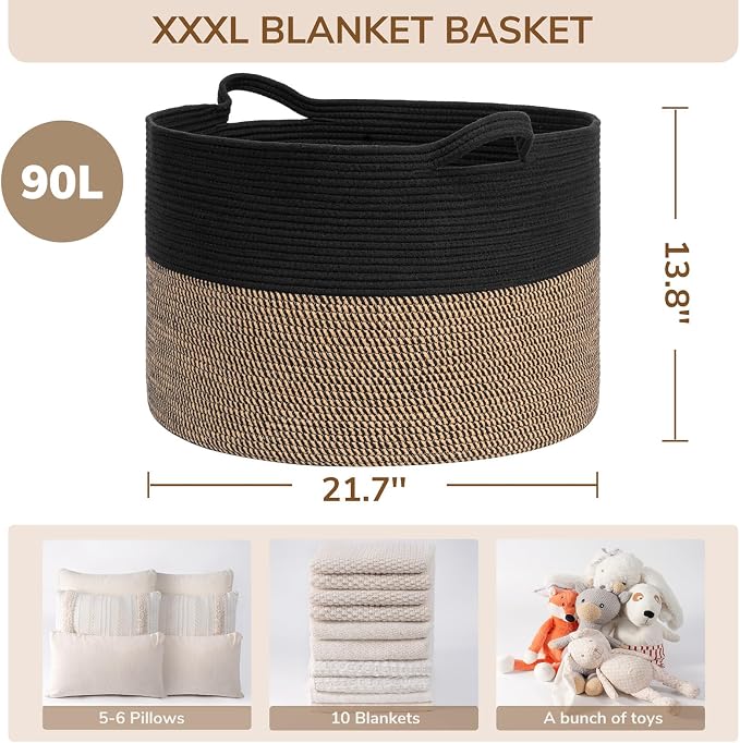 INDRESSME Large Storage Baskets for Organizing, 21.7 x 13.8 Blanket Basket Living Room Dog Toy Bin, Woven Laundry Basket for Dirty Clothes, Pillows, Towel, 90L Mix Black