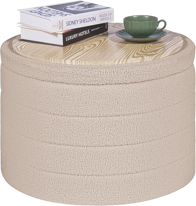 PINPLUS Round Ottoman with Stroage, Boucle Storage, Foot Stool Foldable Coffee Table Ottoman for Living Room, Bedroom, Dorm (Beige)