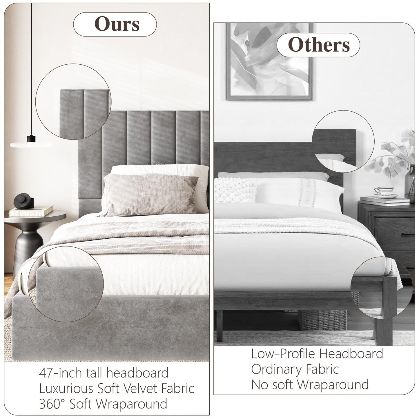 Sismplly Queen Size Cloud Bed Frame with 47" Tall Headboard, Velvet Upholstered Platform Bed with Thickened Sides & Footboard, No Box Spring Needed, Easy Assembly, Dark Gray