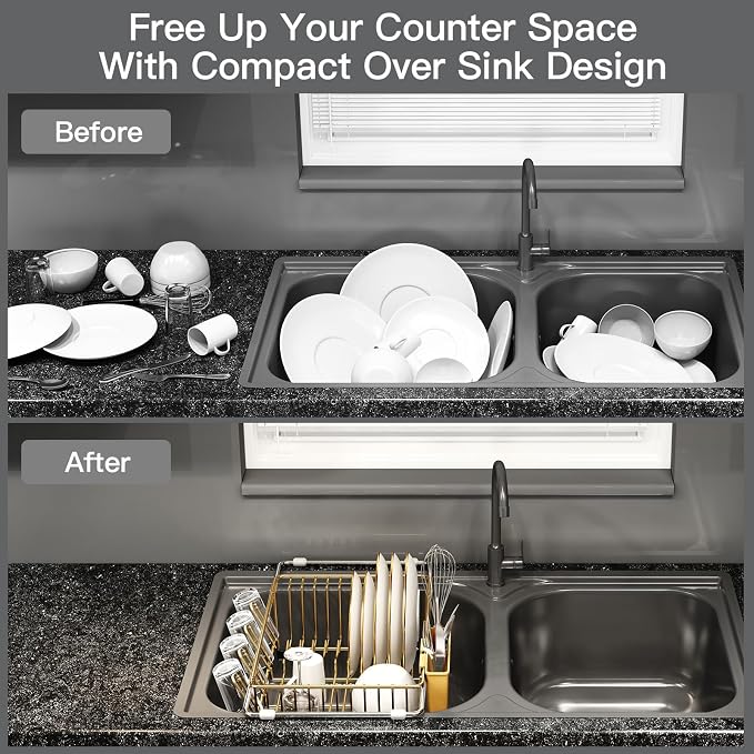 MAJALiS Gold Dish Drying Rack Over The Sink with Utensil Holder, Mat | Expandable Stainless Steel Dish Drainer for Small Kitchen, Apartment, RV, Counter Space Saving, Perfect Fit, Rustproof