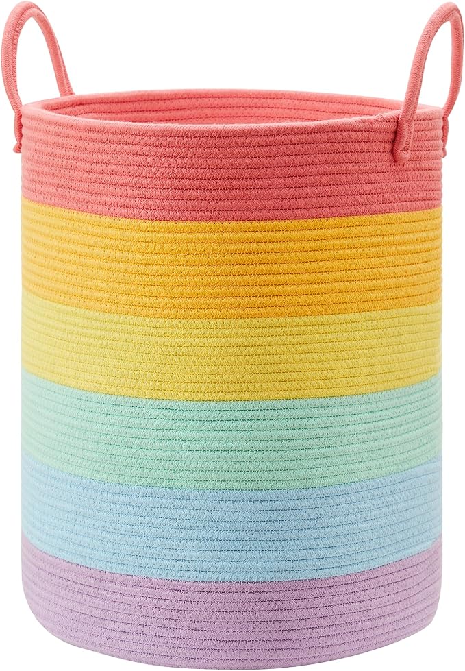 80L Extra Large Rainbow Laundry Hamper Basket for Girls Kids Tall Unicorn Baby Nursery Hamper for Clothes Woven Rope Blanket Toy Basket in Living Room Playroom Bedroom 16"D x 22"H