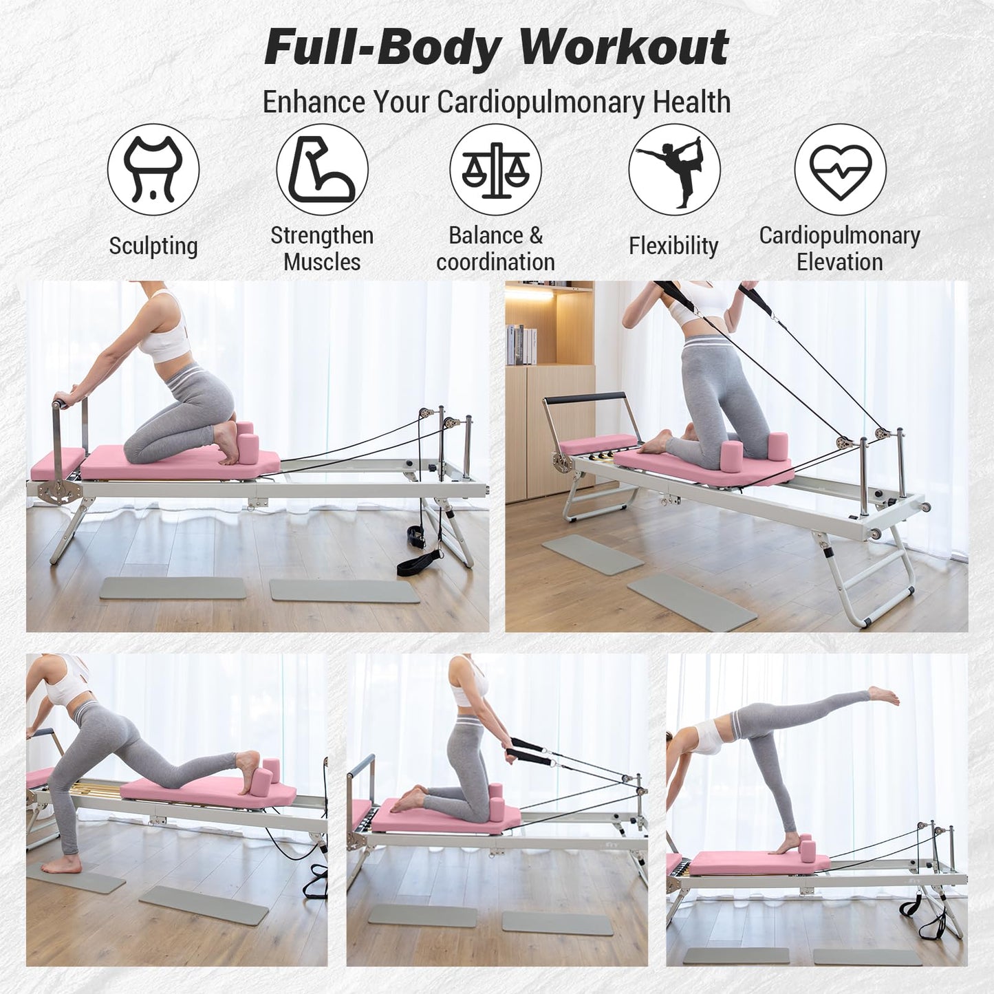 Pink Pilates Reformer | Foldable Pilates Reformer Machine for Home w/Resistance | Pilates Bed for All Levels