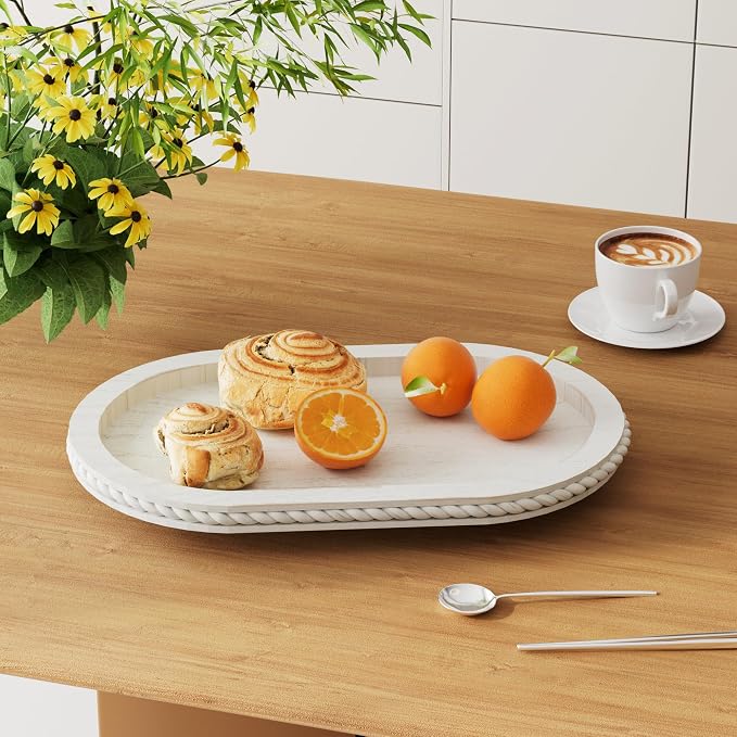 Urban Deco Oval Wooden Tiered Tray, Farmhouse Vintage Decorative Tray Stand for Coffee Table, White Serving Tray for Living Room Kitchen Home Decor - 1 Pack